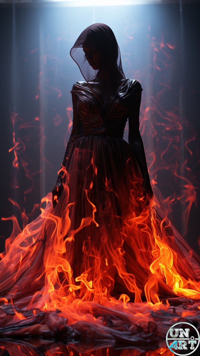 UN4RT imaginarium – silhouette of a slender veiled female figure in a sleek black gown standing at the centre of a wall of roaring red and orange flames rising from the floor in a dark misty blue-lit chamber, dark gothic fire ritual cinematic 3D digital art.