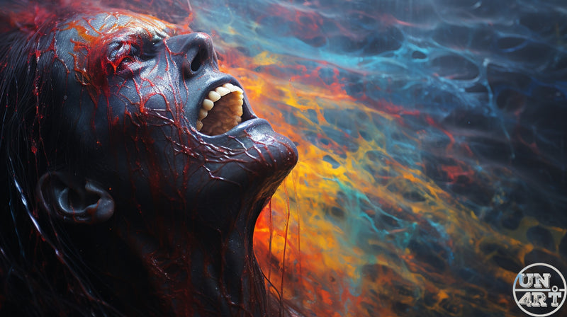 UN4RT imaginarium – extreme close-up of a matte black face with cracked red vein-like fissures tilted back with mouth wide open screaming against a chaotic swirling background of vivid teal, cobalt blue, amber orange and crimson red painterly forms, dark expressionist visceral horror oil painting.