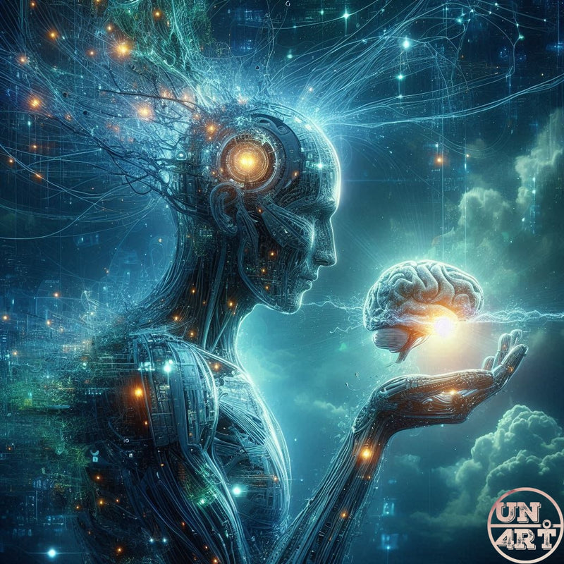 UN4RT imaginarium – translucent chrome cybernetic humanoid figure in profile holding a glowing human brain on an outstretched open palm with a golden light core in the skull and luminous teal neural wire tendrils radiating outward into a deep blue star-filled cosmic cityscape background, dark transhumanist AI consciousness 3D digital art.