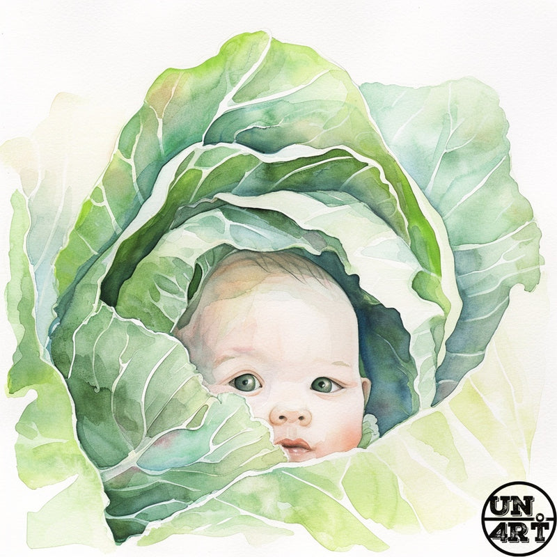 UN4RT imaginarium – serene chubby baby face with wide blue eyes peering out from within the layered green leaves of a large white cabbage against a soft white background, dark whimsical folklore found-in-a-cabbage-patch watercolour illustration.