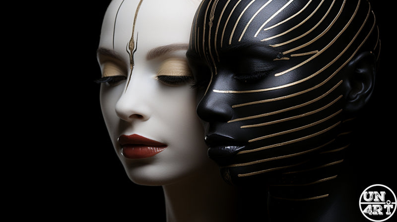 UN4RT imaginarium – close-up of two female faces in profile facing the same direction, one with pale white skin and closed eyes with delicate gold linear markings and deep red lips, the other fully painted matte black with bold parallel gold stripe body paint lines across skull and face, against a pure black background, dark duality high fashion fine art body paint portrait 3D digital art.