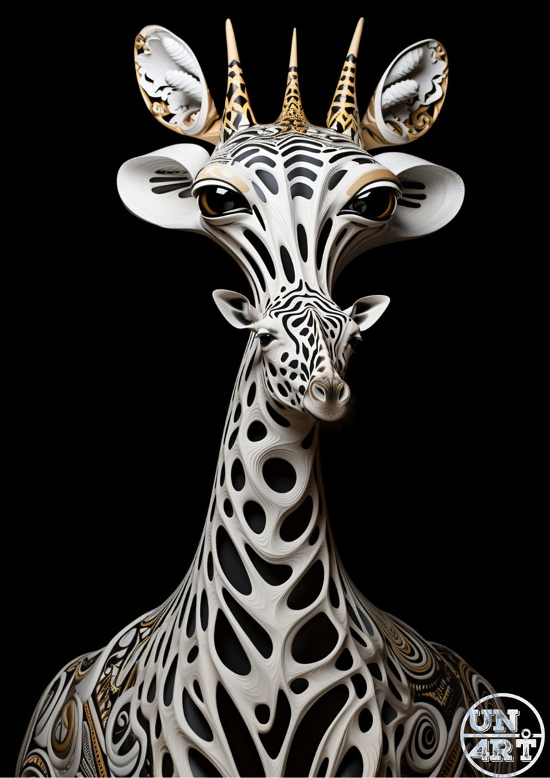 UN4RT imaginarium – front-facing portrait of a stylised white ceramic giraffe sculpture with intricate black graphic patterns, hollow voronoi lattice cutouts across the neck and chest revealing a smaller giraffe head nestled within, with gold ornamental horn ossicones and large expressive amber eyes against a pure black background, dark luxury decorative art animal sculpture 3D digital art.