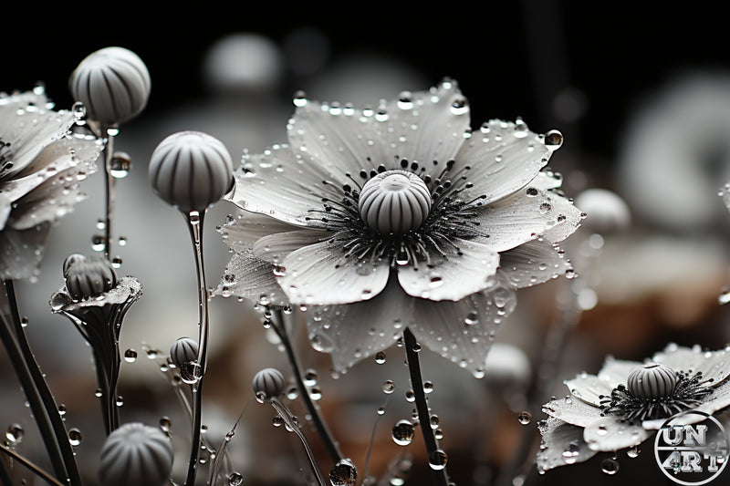 UN4RT imaginarium – extreme close-up of pale white anemone flowers with ribbed grey sculptural centres and fine black stamens covered in perfectly spherical water droplets hanging from slender dark stems with soft blurred grey and amber bokeh background, dark monochromatic botanical fine art macro photography.