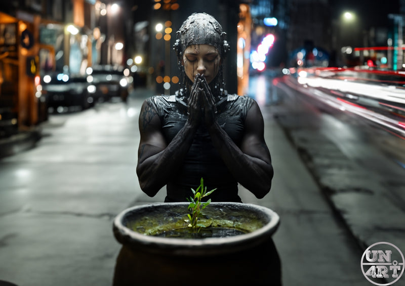 UN4RT imaginarium – muscular figure entirely coated in dripping black liquid with hands pressed together in prayer kneeling before a small green plant seedling in a weathered stone pot on a rain-slicked urban street at night with blurred neon and car light trails in the background, dark environmental devotion cinematic 3D digital art.