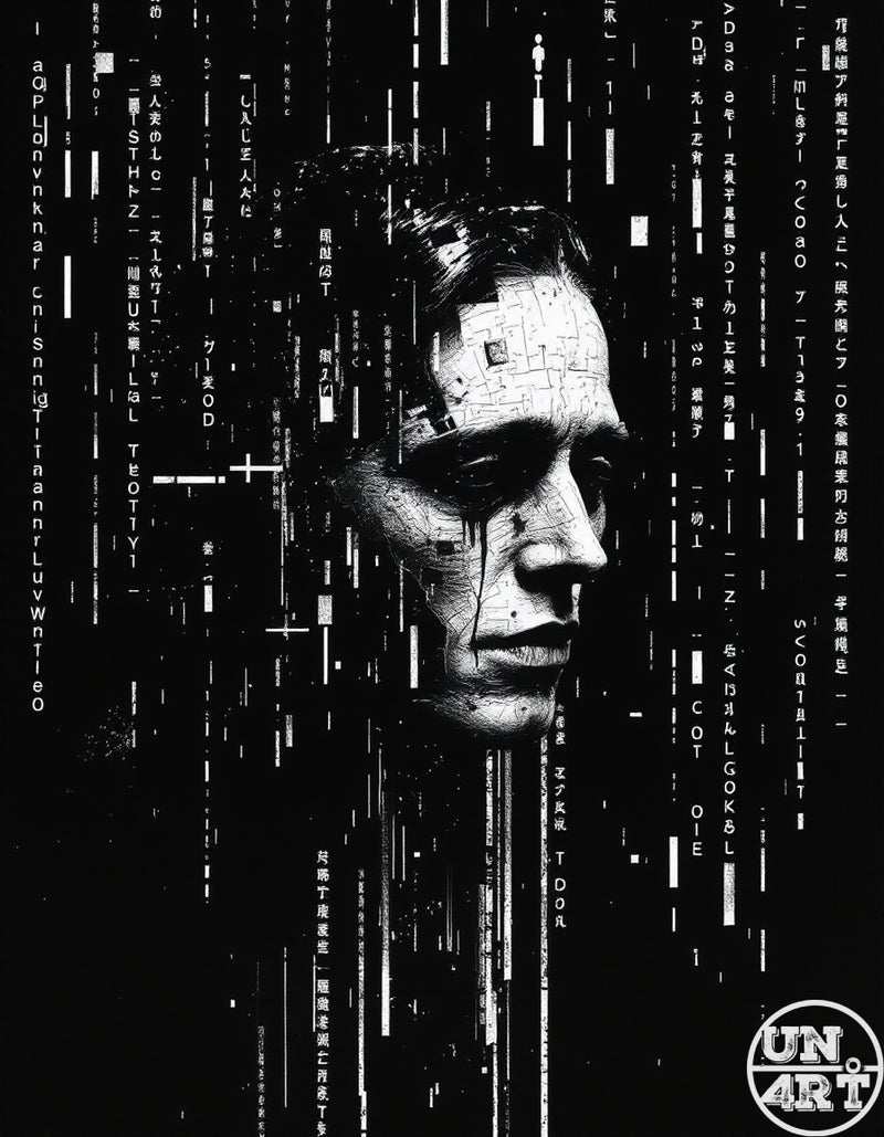 UN4RT imaginarium – stark black and white digital portrait of a stern male face emerging from cascading vertical streams of mixed Latin and Japanese characters, binary code fragments and data glitch lines dissolving the lower half of the face against a pure black background, dark matrix cyberpunk data identity graphic art.