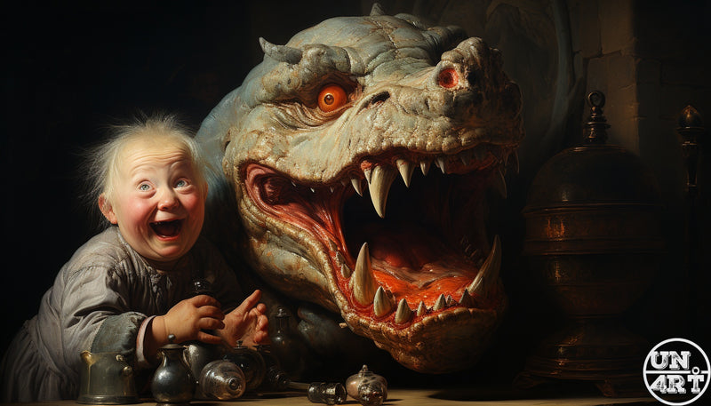 UN4RT imaginarium – laughing pale-haired elderly dwarf figure in a grey coat pressing hands together gleefully beside the wide-open roaring jaws of an enormous pale grey stone-skinned dinosaur creature with glowing orange eyes and jagged teeth on a dark baroque interior table, dark surrealist old master oil painting pastiche.