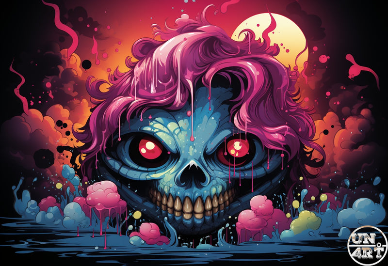 UN4RT imaginarium – front-facing skull with vivid teal cracked skin, glowing red eyes and a wild dripping pink and purple hair rising from a stormy sea of pink and blue foam bubbles before a glowing orange full moon and fiery crimson sky, dark kawaii horror neon graffiti comic illustration.