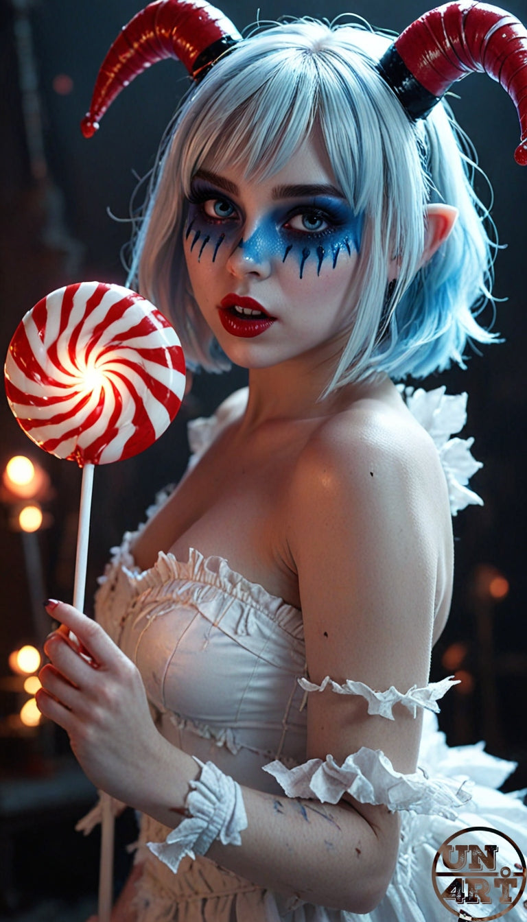 UN4RT imaginarium – pale elf-eared female figure with short ice-blue hair, bold blue glitter tear-streak face paint, red lips and twin glossy red devil horns wearing a ruffled white corset dress holding a large red and white swirl lollipop against a warm dark candlelit background, dark gothic candy demon cosplay fine art portrait photography.
