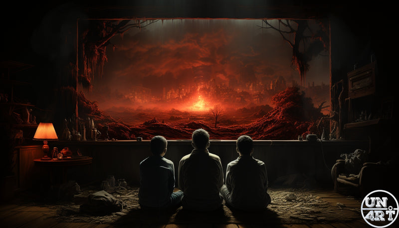 UN4RT imaginarium – rear view of three children sitting side by side on a dark floor watching an enormous framed painting or window showing a vast apocalyptic hellscape of burning red lava, dead trees and glowing embers with a warm amber table lamp glowing to the left, dark cinematic children's horror surrealist 3D digital art.
