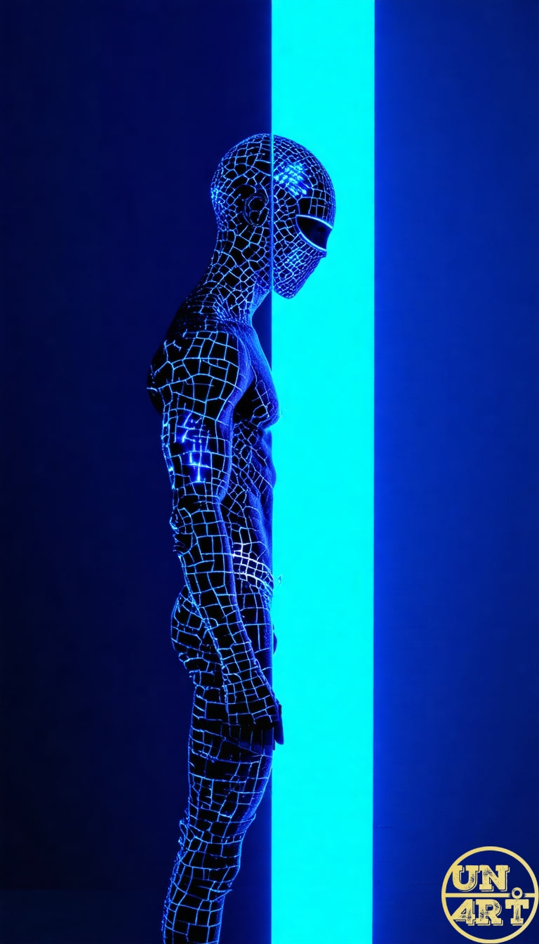 UN4RT imaginarium – side profile of a humanoid figure entirely covered in a cracked mosaic of small dark mirror fragments standing in perfect stillness beside a vertical glowing cyan neon light tube against a deep cobalt blue background, dark cyberpunk reflective sculpture fine art photography.