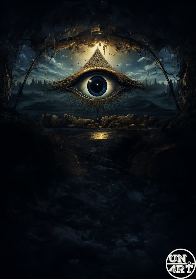 UN4RT imaginarium – enormous ornate all-seeing eye with a deep black iris and intricate gold eyelash and pyramid brow detail opening within a dark arched cave above a still reflective dark lake surrounded by storm clouds, bare branches and a distant gothic treeline under a moonlit night sky, dark occult esoteric oil painting.