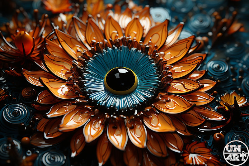 UN4RT imaginarium – extreme close-up of a glossy amber and burnt orange flower with layered translucent resin petals surrounding a large central human eye with a teal iris and black pupil emerging from dense teal stamens with swirling dark water and more flowers in the background, dark surrealist eye-flower hybrid 3D digital art.