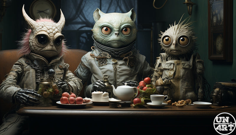 UN4RT imaginarium – three anthropomorphic alien creatures in worn distressed military-style jackets seated together at a wooden table set for tea with a white porcelain teapot, cups, red apples and pastries in a dim gothic interior, a pale horned reptilian, a wide-eyed frog-like figure and a spiky white hedgehog-like creature, dark whimsical otherworldly tea party cinematic 3D digital art.