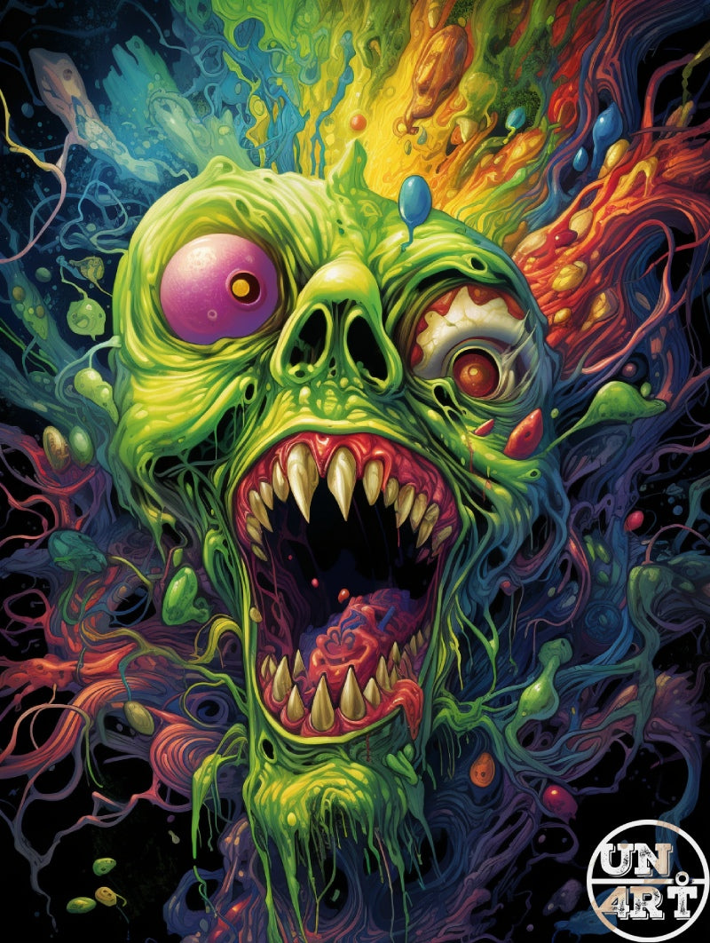 UN4RT imaginarium – extreme close-up of a grotesque neon green melting zombie face with mismatched bulging eyes, dripping slime, gaping double-rowed fanged mouth and a chaotic explosion of vivid yellow, red, blue, orange and purple psychedelic organic forms and tendrils radiating outward against a black background, dark psychedelic horror splatter comic illustration.