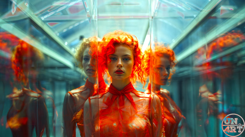 UN4RT imaginarium – young woman with vivid flame-red curly hair and red lips wearing a sheer red dress standing at the centre of a corridor of mirrored glass panels reflecting multiple versions of herself in cool teal and warm red tones, dark cinematic identity duality editorial fashion photography.