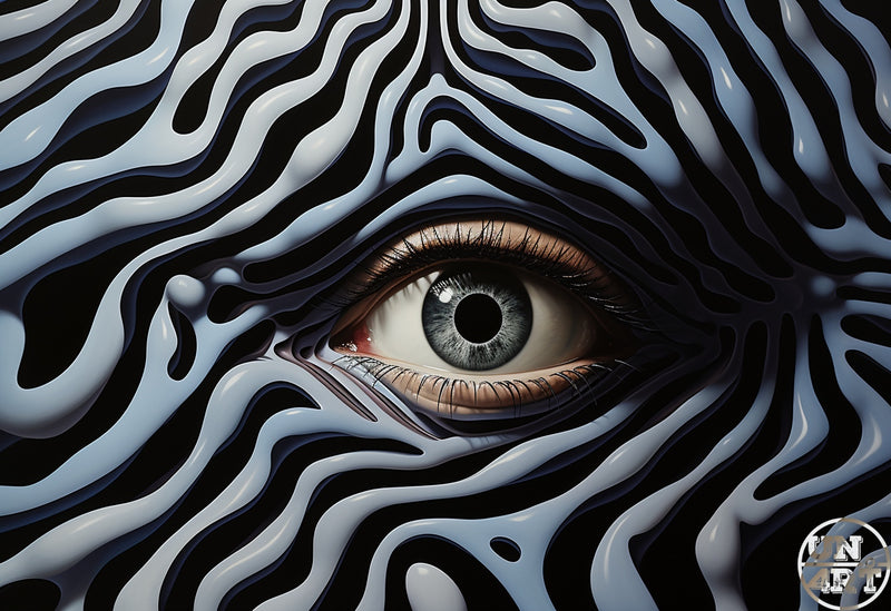 UN4RT imaginarium – extreme close-up of a single human eye with a grey-blue iris emerging from a face entirely covered in glossy three-dimensional black and white zebra-stripe topographic wave patterns with deep sculptural ridges and flowing liquid curves, dark op-art surrealist body paint eye portrait 3D digital art.