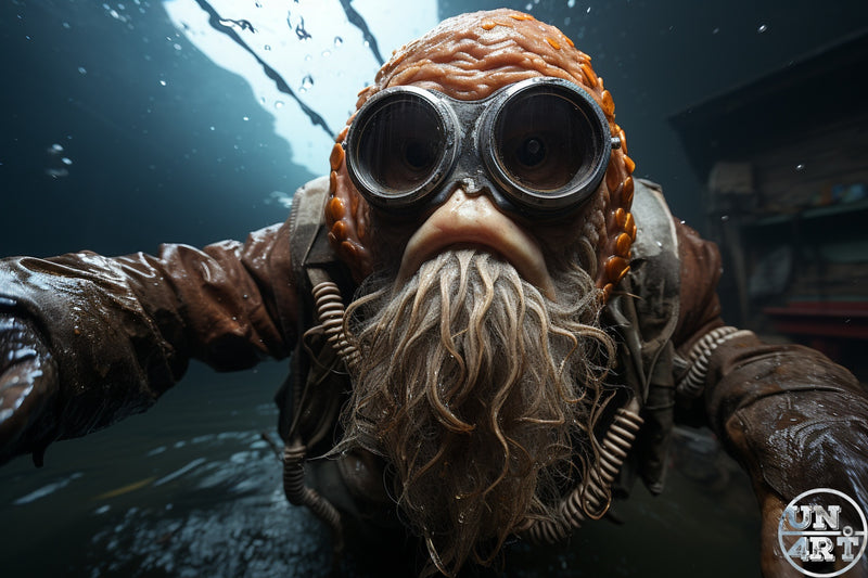 UN4RT imaginarium – close-up underwater selfie of a stocky dwarf-like creature with a wrinkled exposed brain scalp, large round brass diving goggles, long braided amber beaded hair and a flowing white beard wearing a heavy corroded steampunk diving suit with coiled hose attachments in murky blue-green underwater light, dark whimsical steampunk deep-sea creature 3D digital art.