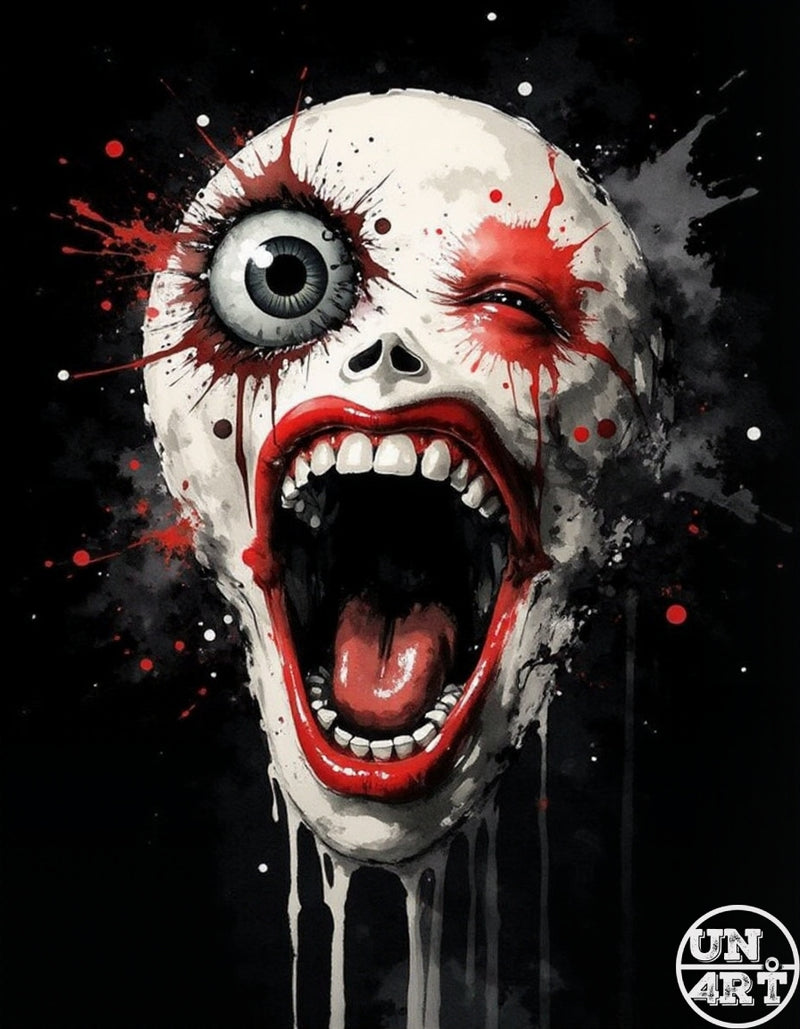 UN4RT imaginarium – grotesque white hairless screaming face with a single bulging grey eyeball, hollow second eye socket, wide gaping mouth with full rows of teeth and a protruding tongue, splattered with vivid red blood paint and white drips against a pure black background, dark horror splatter comic book illustration.