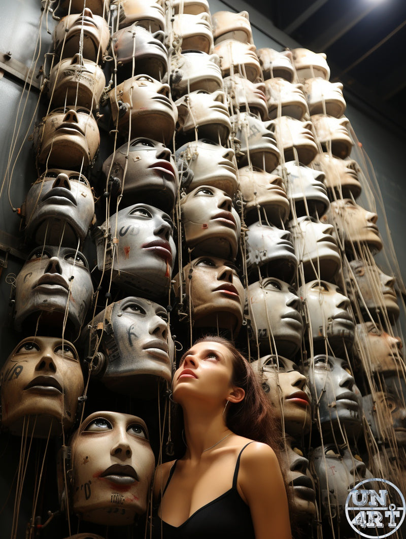 UN4RT imaginarium – young woman with dark hair in a black strappy top gazing upward while standing before a towering wall of dozens of aged weathered pale mannequin heads suspended on wires at various heights filling the entire frame, dark conceptual identity surrealist fine art installation photography.