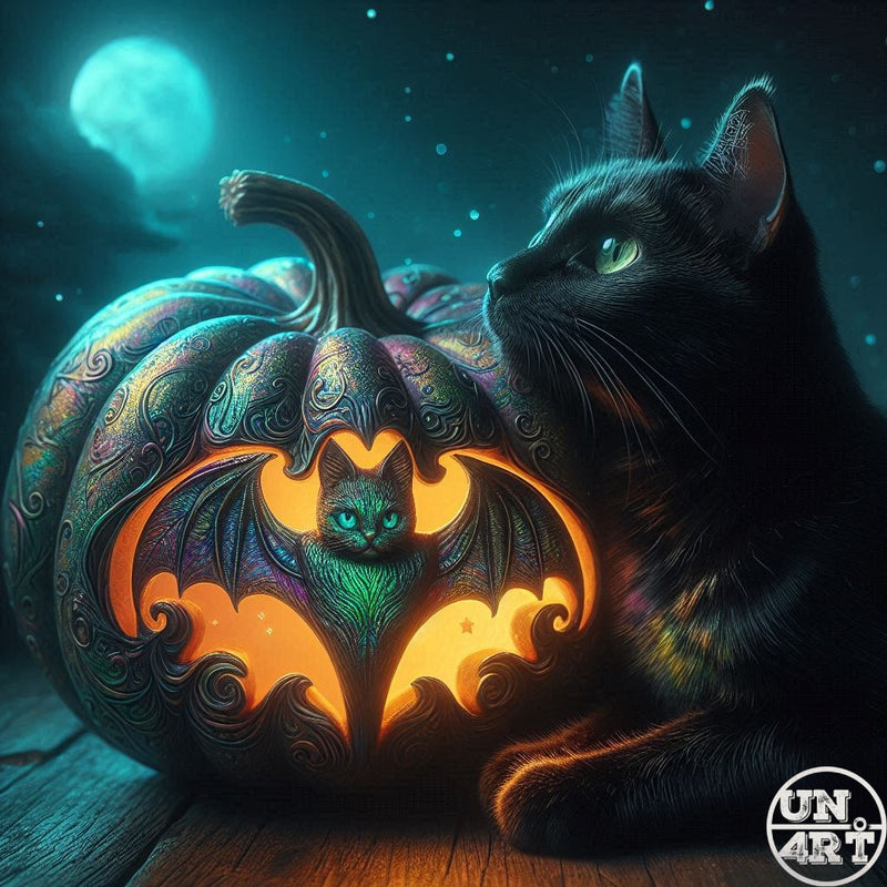UN4RT imaginarium – sleek black cat with glowing green eyes resting beside an ornately carved iridescent dark teal pumpkin jack-o-lantern with a glowing amber bat-and-kitten silhouette cutout under a large luminous teal full moon in a star-filled night sky, dark Halloween kawaii fantasy digital illustration.