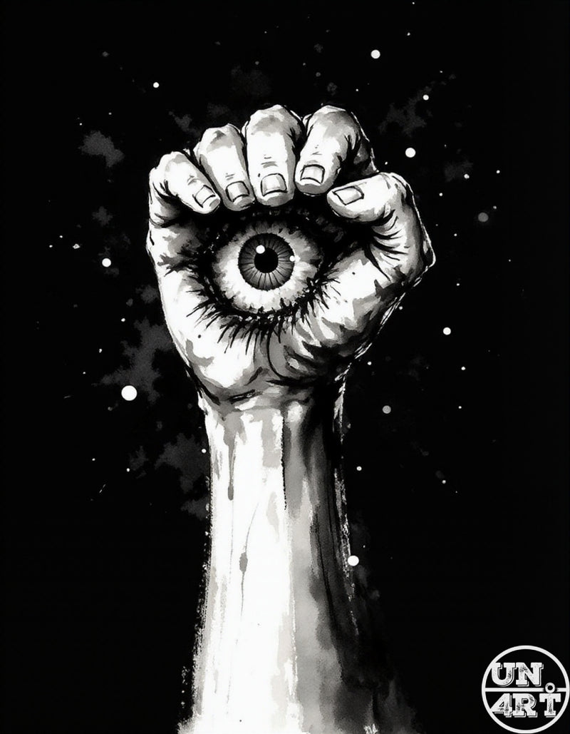 UN4RT imaginarium – raised clenched human fist with a large unblinking eye embedded in the palm against a pure black star-scattered background rendered in high-contrast black and white ink with white paint drips on the wrist, dark occult resistance graphic novel ink illustration.