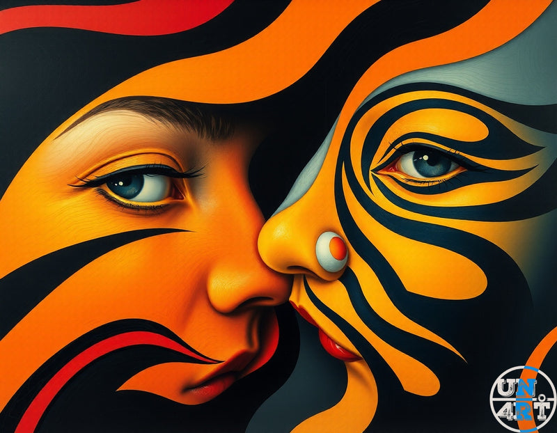 UN4RT imaginarium – extreme close-up of two female faces merging nose to nose, one with natural warm amber skin and the other with bold black and amber swirling flame body paint covering the face and hair, both with piercing blue-grey eyes against a deep black background with flowing orange and red wave forms, dark duality surrealist pop art oil painting.