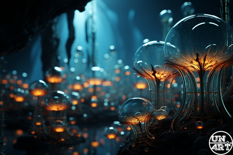 UN4RT imaginarium – vast subterranean cavern filled with hundreds of glowing glass dome terrariums of varying sizes containing tiny luminous amber bioluminescent plants and golden tree-like filaments rooted in dark stone under stalactite-covered cathedral ceilings bathed in deep teal blue light, dark biopunk underground ecosystem cinematic 3D digital art.