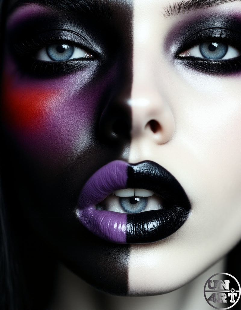 UN4RT imaginarium – extreme close-up of a female face split vertically down the centre, the left half covered in heavy matte black face paint with vivid crimson and purple bruise-like shadow and a glossy black lip, the right half pale white with dramatic purple smoky eye shadow and a glossy deep purple lip, both sides with striking blue-grey eyes, dark duality gothic beauty editorial fine art portrait photography.