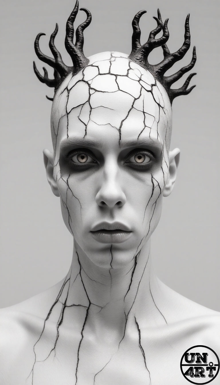 UN4RT imaginarium – front-facing androgynous figure with pure white cracked porcelain skin and deep-set dark shadowed eyes crowned with multiple jagged dark twisted antler-like horns rising from the skull with black crack lines spreading down the face neck and bare shoulders against a pale grey background, dark neo-gothic nature spirit body horror 3D digital art.