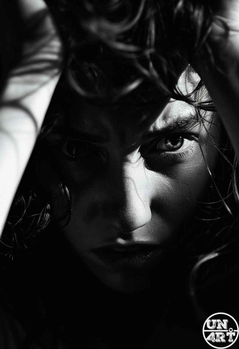 UN4RT imaginarium – extreme close-up of a young woman's face partially hidden behind tangled dark curly hair with a single intense dark brown eye visible lit by a single narrow shaft of harsh directional light against a near-black background, dark cinematic noir mystery fine art black and white portrait photography.