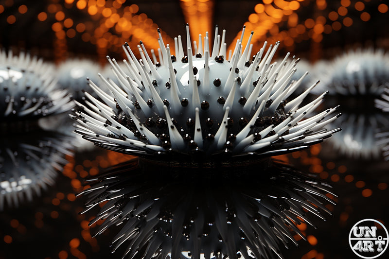 UN4RT imaginarium – extreme close-up of a glossy black and white spiked sea urchin-like sculptural object with long white needle spines tipped in black dots resting on a reflective black surface with warm amber bokeh light bursts in the background, dark minimalist luxury sculpture macro photography.