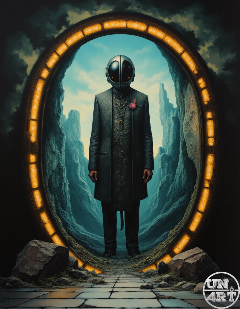 UN4RT imaginarium – full-body frontal view of a solitary figure in a long dark embroidered coat and a smooth black oval insectoid helmet with glowing amber eye lenses standing at the centre of a glowing amber oval stone portal framing a dramatic teal canyon landscape under a stormy sky, dark surrealist retrofuturist oil painting.
