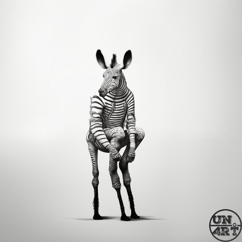 UN4RT imaginarium – full-body frontal view of an anthropomorphic zebra sitting upright on tthree legs with arms folded across the chest in a confident pose rendered entirely in precise black and white pencil graphite stripes against a clean white background, dark minimalist surrealist animal character fine art illustration.