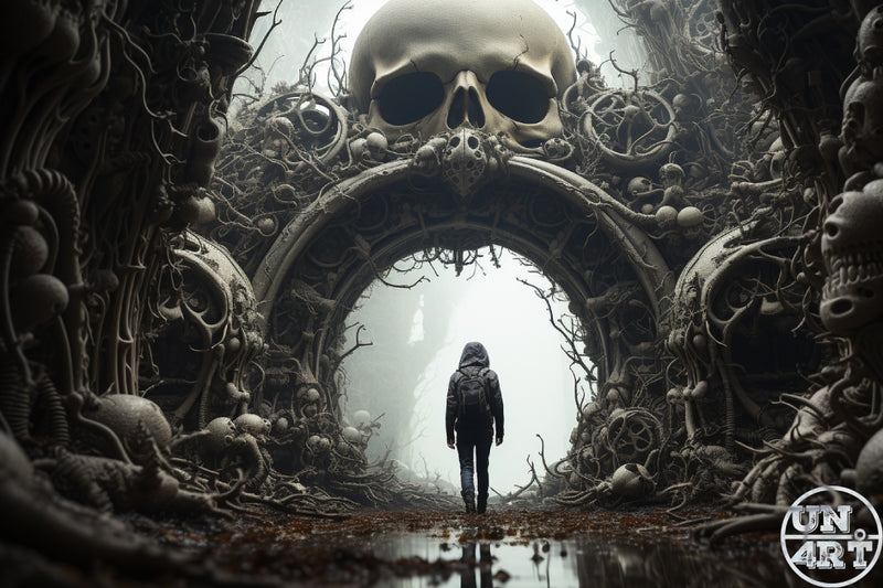 UN4RT imaginarium – rear view of a lone hooded figure with a backpack walking through a colossal archway constructed from interlocking skulls, bones, twisted roots and smaller skull clusters with a large dominant skull at the apex opening into a foggy pale misty void, dark apocalyptic gothic memento mori cinematic 3D digital art.