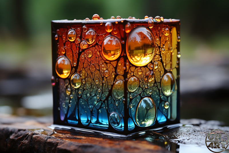 UN4RT imaginarium – close-up of a square glass cube with stained-glass tree branch panels in a vivid gradient of deep amber orange at the top transitioning through golden yellow to rich teal blue at the base covered in dozens of perfectly spherical water droplets of varying sizes each reflecting a miniature forest landscape, placed on a mossy wet stone surface with a soft green bokeh background, dark luminous nature macro fine art photography.