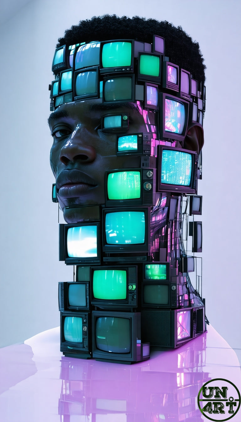 UN4RT imaginarium – three-quarter view of a dark-skinned male face with natural afro hair emerging from a towering column of stacked vintage cathode ray tube television sets in various sizes all glowing with teal and green static or abstract imagery and tangled with cables against a pale lilac background, dark media consumption cyberpunk conceptual 3D digital art.