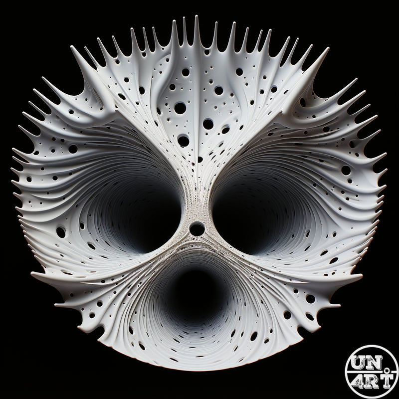UN4RT imaginarium – front-facing symmetrical white matte sculptural mask form with three deep spiralling black vortex eye and mouth cavities surrounded by an elaborate radiating crown of sharp curved spines, layered flowing fins and scattered circular perforations against a pure black background, dark biomorphic parametric sculpture 3D digital art.