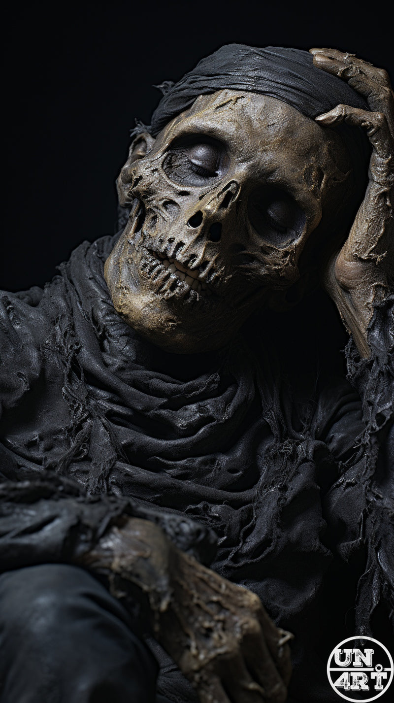 UN4RT imaginarium – close-up portrait of a reclining skeletal mummified figure with deeply weathered ochre bone-skin, closed hollow eye sockets and a wide grinning jaw wrapped in tattered dark fabric with one skeletal hand raised to the side of the skull against a pure black background, dark memento mori gothic hyperrealist sculpture fine art photography.