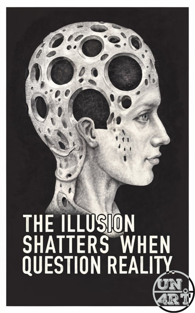 UN4RT imaginarium – side profile of a calm androgynous human head sculpted in aged pale stone with the entire cranium replaced by an intricate lattice of large and small circular perforations revealing a hollow dark interior against a pure black background with bold white text reading "THE ILLUSION SHATTERS WHEN QUESTION REALITY", dark conceptual philosophy poster art pencil illustration.