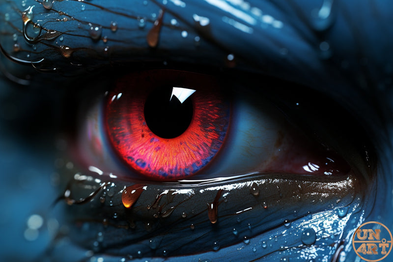 UN4RT imaginarium – extreme macro close-up of a single open eye with a vivid deep crimson and red iris with a sharp black diamond-shaped pupil surrounded by glossy dark blue-black wet skin with amber liquid droplets and dark wet lashes against a deep cobalt blue background, dark creature horror cinematic 3D digital art.