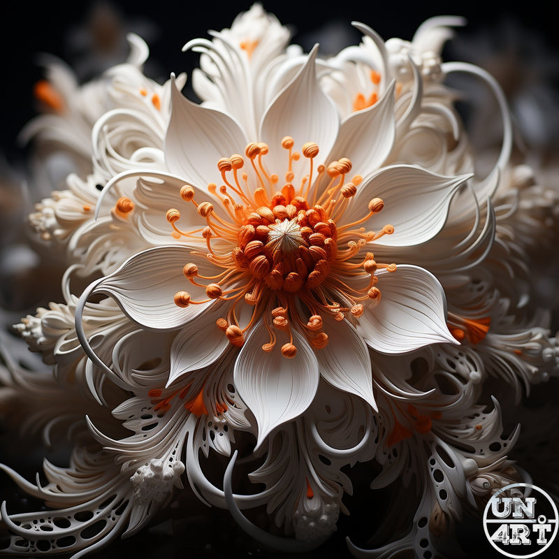 UN4RT imaginarium – extreme close-up of an intricate sculptural white flower with deeply ribbed layered petals and elaborate curling lace-like edges surrounding a dense cluster of vivid orange stamens and pistils with multiple smaller blooms spiralling outward into a dark blurred background, dark luxurious botanical sculpture macro 3D digital art.