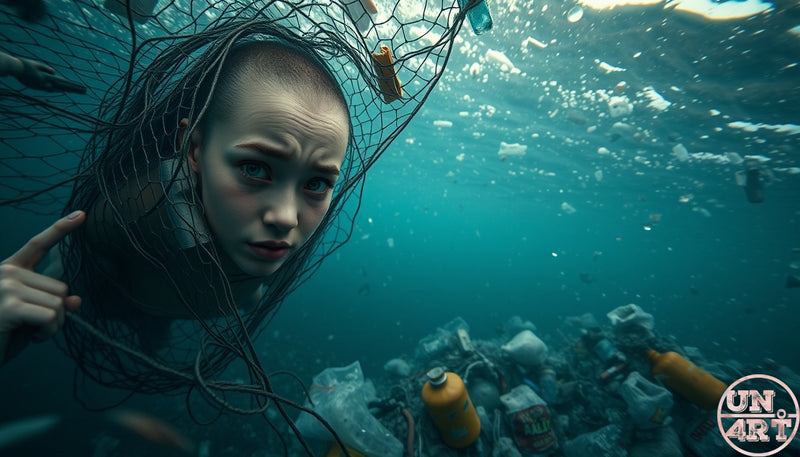 UN4RT imaginarium – underwater cinematic shot of a young woman with wet hair tangled in a dark fishing net looking directly into the camera with a troubled expression surrounded by floating plastic waste, discarded bottles, bags and debris in murky teal-lit ocean water, dark environmental activism ocean pollution fine art photography.
