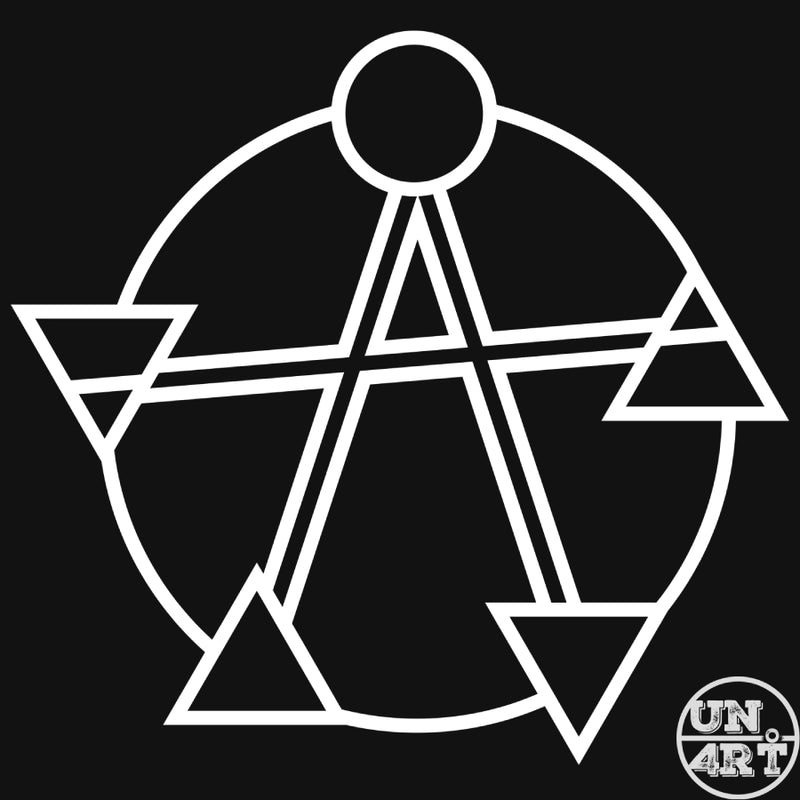 UN4RT imaginarium – minimalist white line art sigil on a pure black background combining an anarchy A letterform with a large outer circle, a small circle at the apex, a central upward triangle, and four flanking inverted and upward triangles in a precise geometric sacred geometry arrangement, dark occult anarchist symbol graphic art.