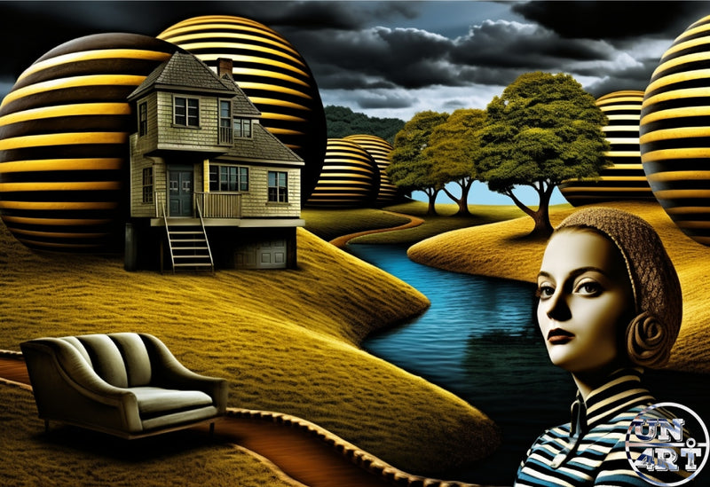 UN4RT imaginarium – surrealist wide landscape with golden undulating hills bisected by a winding teal river flanked by large black and amber horizontally striped spheres of varying sizes, a solitary two-storey wooden house with front stairs, a vintage grey armchair on the grass and a composed woman in a black and white striped top in the foreground under a dramatic stormy dark sky, dark surrealist american gothic oil painting.