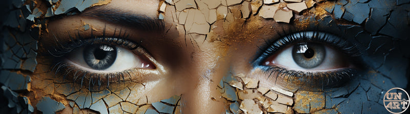 UN4RT imaginarium – extreme panoramic close-up of a pair of intense grey-blue female eyes gazing directly forward surrounded by a dramatically cracked and peeling surface of dark teal paint and large flaking gold leaf fragments revealing warm copper skin beneath, dark metamorphosis fragility conceptual fine art portrait photography.