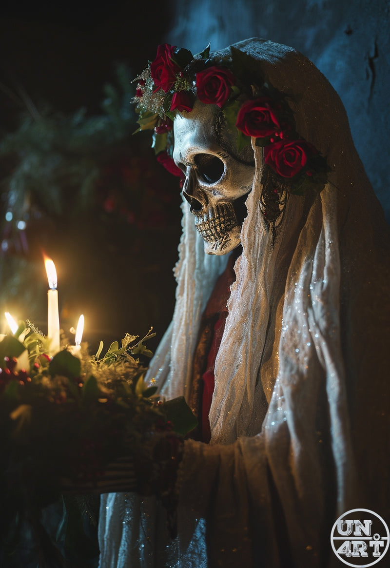 UN4RT imaginarium – side profile of a skeletal bride figure wearing a flowing white lace veil and gown crowned with a wreath of vivid red roses and dark foliage holding a bouquet of red berries and green leaves before lit white candles in a dark misty cave interior, dark día de los muertos gothic bridal memento mori cinematic fine art photography.