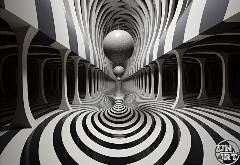 UN4RT imaginarium – symmetrical infinite corridor of bold black and white alternating curved arched columns and walls receding into a deep vanishing point with three reflective chrome spheres of decreasing size suspended along the central axis above a hypnotic black and white concentric circle floor, dark op-art architectural illusion 3D digital art.
