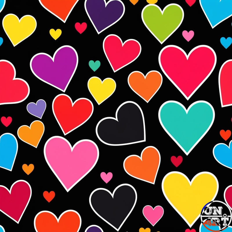 UN4RT imaginarium – seamless repeat pattern of overlapping flat heart shapes in a full spectrum of vivid colours including red, pink, magenta, purple, yellow, orange, teal, blue, green and black each outlined in white scattered at varying scales and angles across a pure black background, dark pop art bold graphic love pattern illustration.