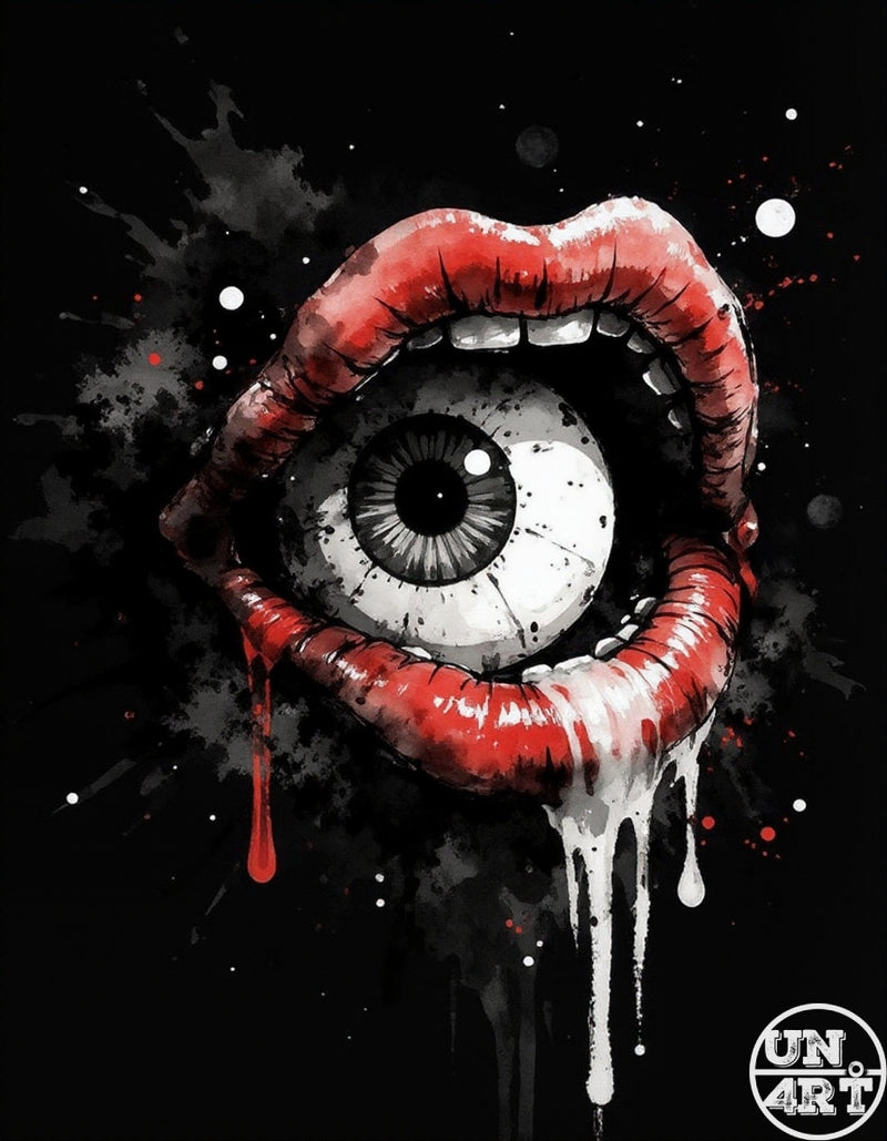 UN4RT imaginarium – surrealist hybrid of a large glossy human eyeball set within a wide open pair of deep red glossy lips with white teeth visible at the top, dripping white paint from the lower lip and red blood from the corners against a pure black background with scattered white paint splatters, dark body horror surrealist splatter ink illustration.