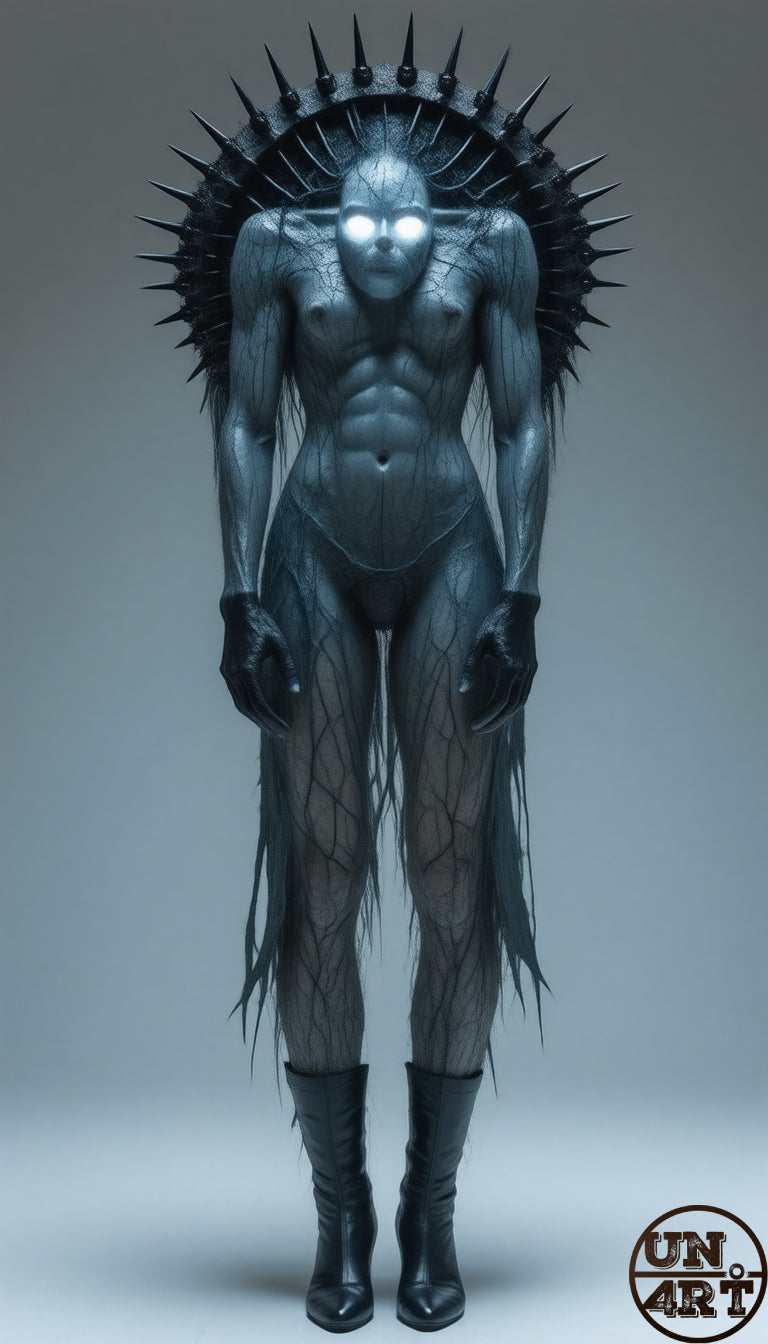 UN4RT imaginarium – full-body frontal view of a slender androgynous figure with cracked dark blue-grey skin and glowing white eyes wearing black ankle boots standing perfectly still with arms at sides, the entire upper body and head encircled by a vast radiating crown of long sharp black spikes like a dark halo, tattered dark shreds hanging from the legs against a neutral grey background, dark neo-gothic deity body horror 3D digital art.